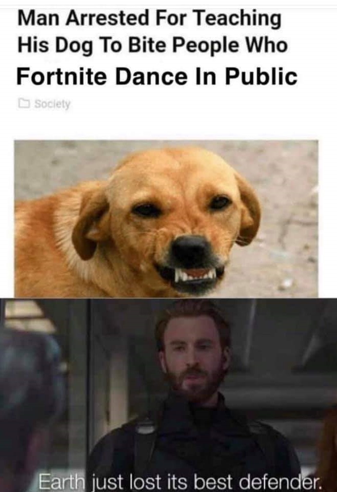 Meme - Man Arrested For Teaching His Dog To Bite People Who Fortnite Dance In Public Society Earth just lost its best defender.