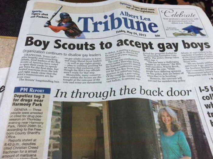 dirty pics - newspaper fails - Sporta Tigers shut Packer Albert Lea Celebrate ne Tribune Boy Scouts to accept gay boys Frid, 06 A w Organization continues to disallow gay leaders Grapevine, T rent Ap A open that vevo for the first ad reactions from the le