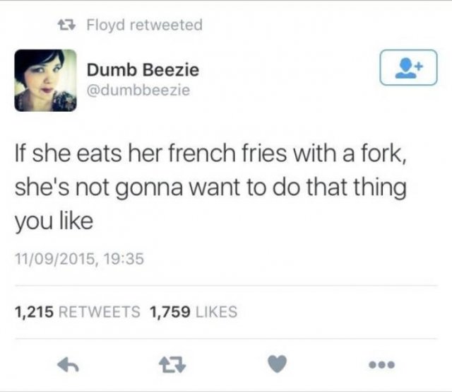 web page - 23 Floyd retweeted Dumb Beezie If she eats her french fries with a fork, she's not gonna want to do that thing you 11092015, 1,215 1,759