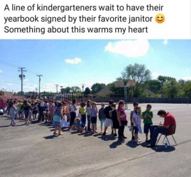 elementary school students line up for a yearbook signature - A line of kindergarteners wait to have their yearbook signed by their favorite janitor Something about this warms my heart