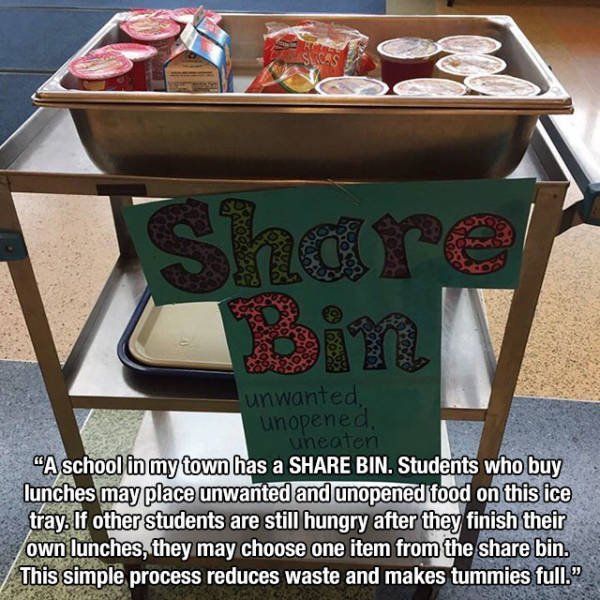 share bin cafeteria - unwanted unopened uneaten "A school in my town has a Bin. Students who buy lunches may place unwanted and unopened food on this ice tray. If other students are still hungry after they finish their own lunches they may choose one item