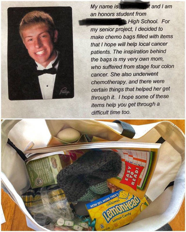 photo caption - My name is t and I am an honors student from The High School. For my senior project, I decided to make chemo bags filled with items that I hope will help local cancer patients. The inspiration behind the bags is my very own mom, who suffer