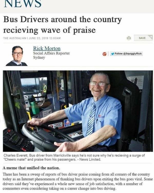 people who thank the bus driver - News Bus Drivers around the country recieving wave of praise The Australian I Am Save Rick Morton Social Affairs Reporter Sydney Rick Charles Everett, Bus driver from Marrickville says he's not sure why he's recieving a s