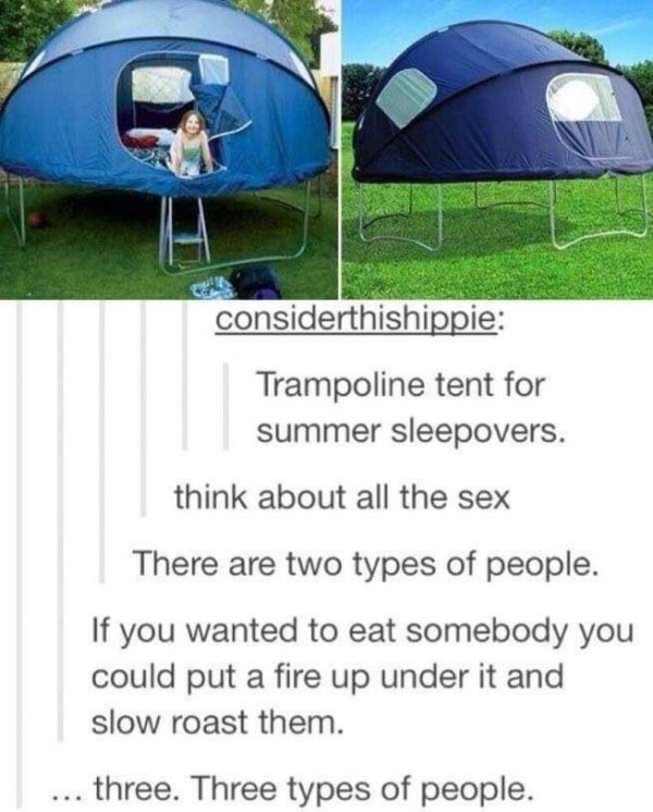 trampoline tent meme - considerthishippie Trampoline tent for summer sleepovers. think about all the sex There are two types of people. If you wanted to eat somebody you could put a fire up under it and slow roast them. . three. Three types of people.