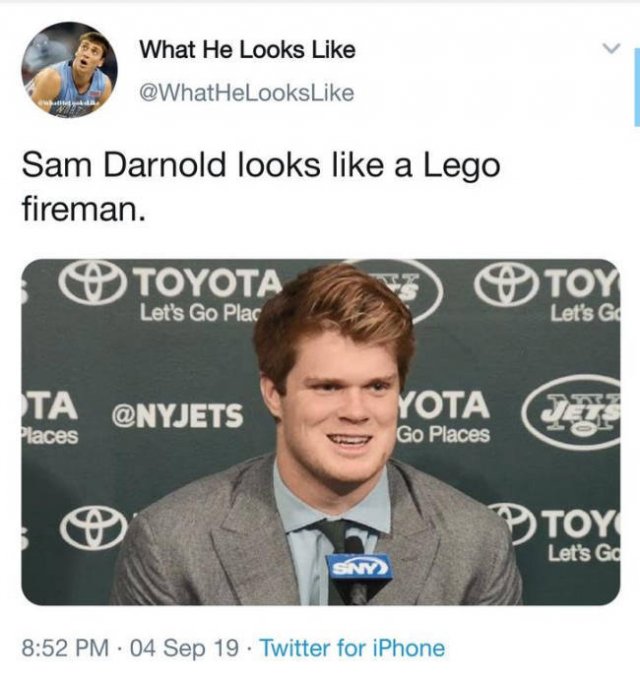 sam darnold lego fireman - What He Looks Sam Darnold looks a Lego fireman. Toyota Toy Let's Go Plac Let's Go Ta Yota Places Go Places Ptoys Let's Go Sny 04 Sep 19. Twitter for iPhone
