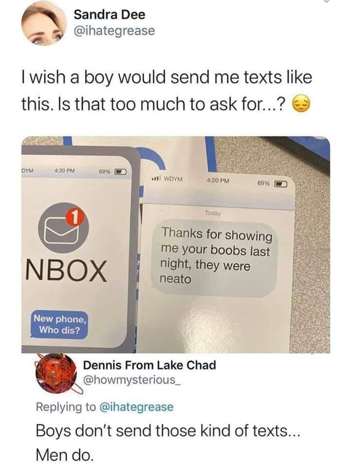 Sandra Dee I wish a boy would send me texts this. Is that too much to ask for...? Dym 69% O 11 Wdym 69% Today Nbox Thanks for showing me your boobs last night, they were neato New phone, Who dis? Dennis From Lake Chad Boys don't send those kind of texts..