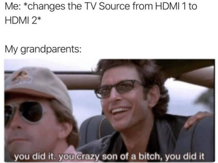 jeff goldblum meme - Me changes the Tv Source from Hdmi 1 to Hdmi 2 My grandparents you did it. you crazy son of a bitch, you did it