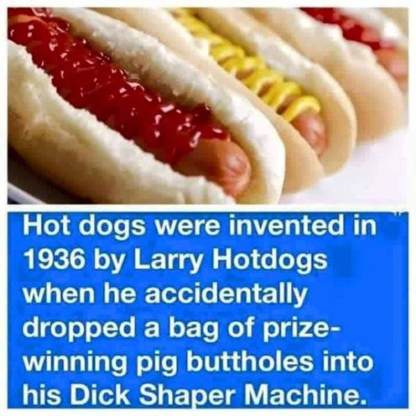 spicy memes - larry hotdogs - Hot dogs were invented in 1936 by Larry Hotdogs when he accidentally dropped a bag of prize winning pig buttholes into his Dick Shaper Machine.