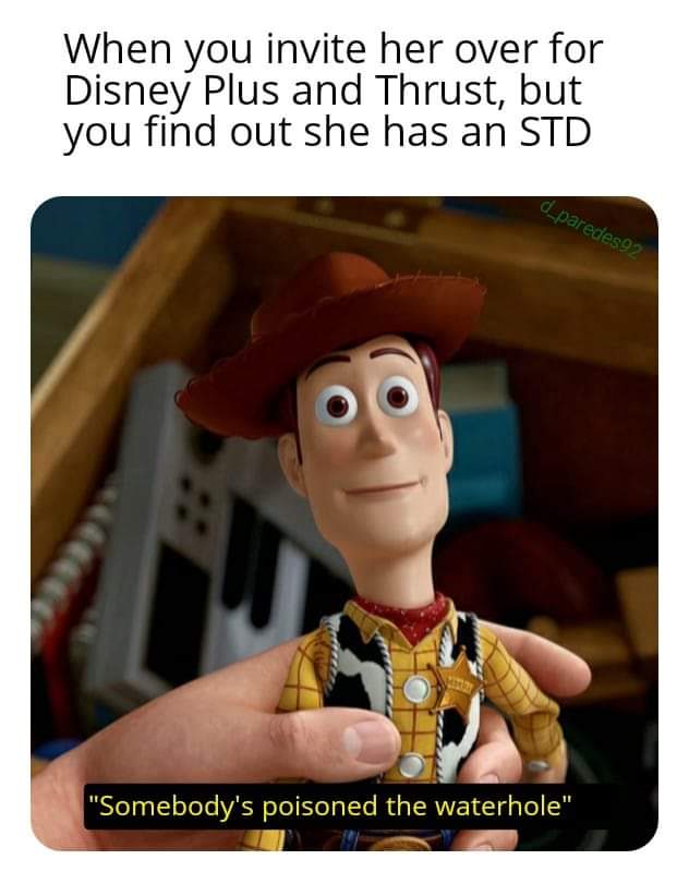 When you invite her over for Disney Plus and Thrust, but you find out she has an Std d_paredes 92 "Somebody's poisoned the waterhole"