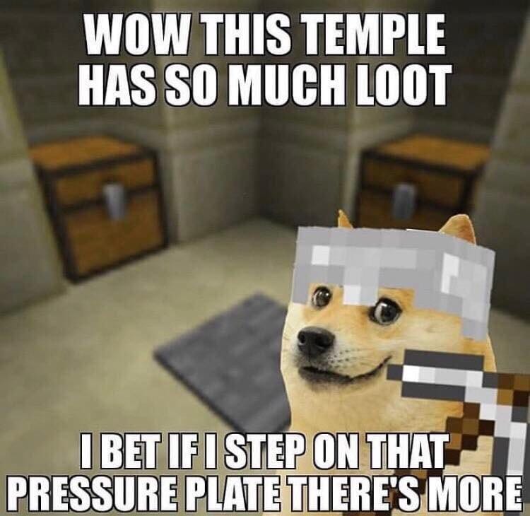 dogeminer memes - Wow This Temple Has So Much Loot I Bet If I Step On That Pressure Plate There'S More