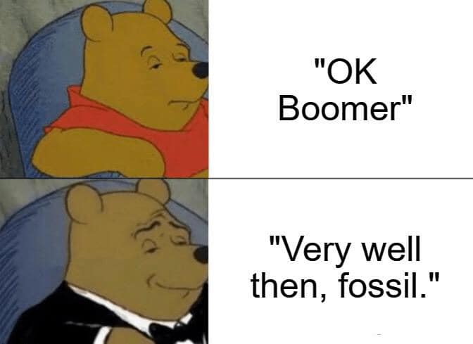 winnie the pooh meme - "Ok Boomer" "Very well then, fossil."