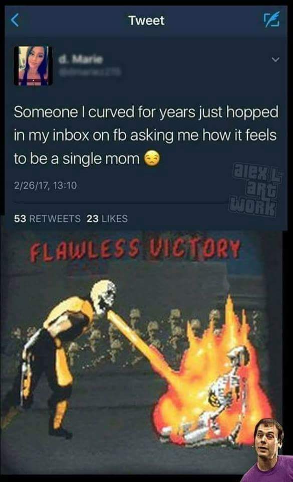 single mom meme - Tweet Someone I curved for years just hopped in my inbox on fb asking me how it feels to be a single mom alexL 22617, aro Ii 53 23 Flawless Victory
