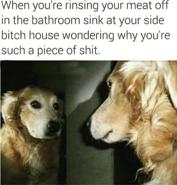 goodest of them all - When you're rinsing your meat off in the bathroom sink at your side bitch house wondering why you're such a piece of shit.