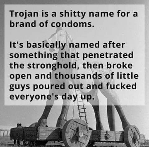 trojan is a shitty name for condoms - Trojan is a shitty name for a brand of condoms. It's basically named after something that penetrated the stronghold, then broke open and thousands of little guys poured out and fucked everyone's day up.