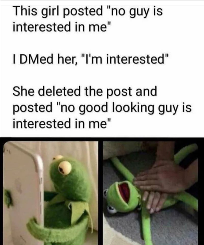 no guy is interested in me meme - This girl posted "no guy is interested in me" I DMed her, "I'm interested" She deleted the post and posted "no good looking guy is interested in me"