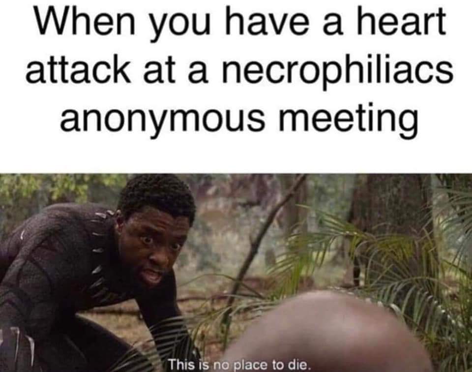 dark memes - edgy memes - you have a heart attack - When you have a heart attack at a necrophiliacs anonymous meeting This is no place to die.