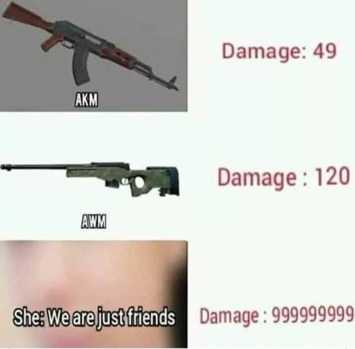 were just friends damage meme - Damage 49 Akm Damage 120 Awm She We are just friends Damage 999999999