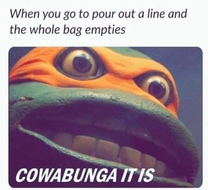 its cowabunga then - When you go to pour out a line and the whole bag empties Cowabunga It Is