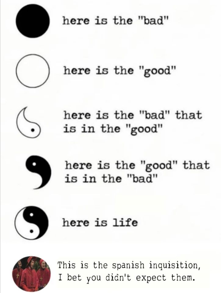 yin and yang quote - here is the "bad" O here is the "good" here is the "bad" that is in the "good" here is the "good" that is in the "bad" here is life This is the spanish inquisition, I bet you didn't expect them.
