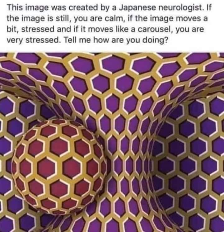 optical illusions - This image was created by a Japanese neurologist. If the image is still, you are calm, if the image moves a bit, stressed and if it moves a carousel, you are very stressed. Tell me how are you doing?
