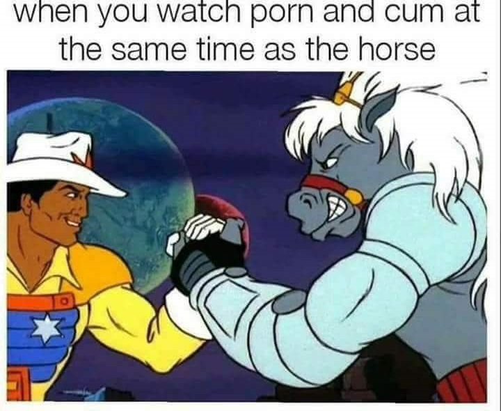 cartoon - when you watch porn and cum at the same time as the horse