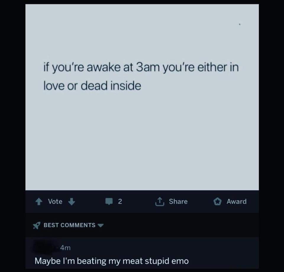 dirty memes - screenshot - if you're awake at 3am you're either in love or dead inside Vote 1 Award N Best 4m Maybe I'm beating my meat stupid emo