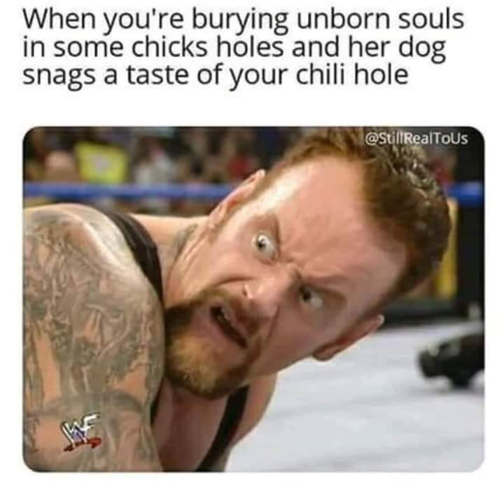 dirty memes - chili hole meme - When you're burying unborn souls in some chicks holes and her dog snags a taste of your chili hole