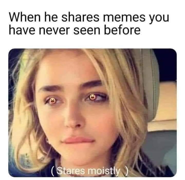 relationship memes - stares moistly meme - When he memes you have never seen before Stares moistly