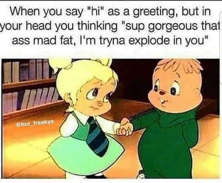 sex memes - theodore chipmunk 90s - When you say "hi" as a greeting, but in your head you thinking "sup gorgeous that ass mad fat, I'm tryna explode in you" Bales co