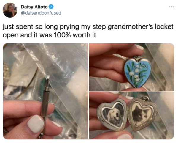 funny pics and memes - nail - Daisy Alioto just spent so long prying my step grandmother's locket open and it was 100% worth it