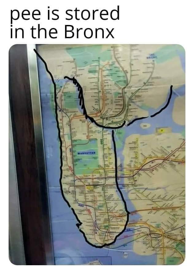 nsfw memes - nyc subway map - pee is stored in the Bronx Manhattan Men Kiele est