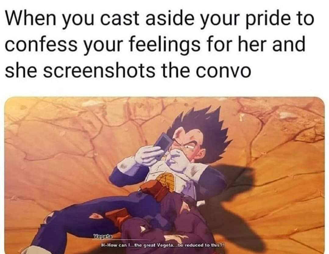 nsfw memes - cartoon - When you cast aside your pride to confess your feelings for her and she screenshots the convo Vegeta HHow can I...the great Vegeta...be reduced to this?!
