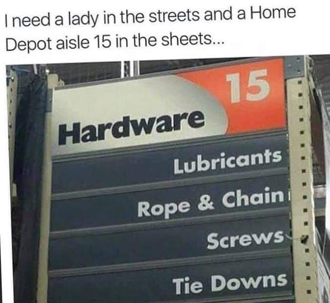 savage memes - home depot aisle 15 - I need a lady in the streets and a Home Depot aisle 15 in the sheets... 1 15 Hardware Lubricants Rope & Chain Screws Tie Downs