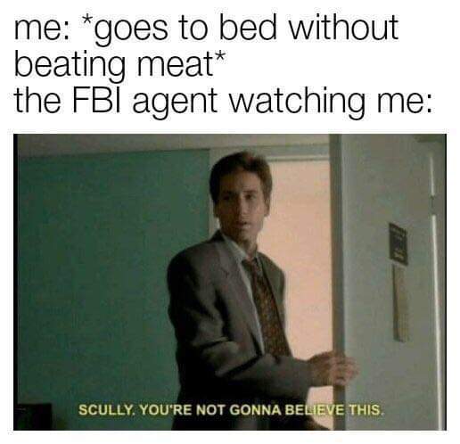 thirsty thursday adult memes - fbi agent listening meme - me goes to bed without beating meat the Fbi agent watching me Scully, You'Re Not Gonna Believe This.