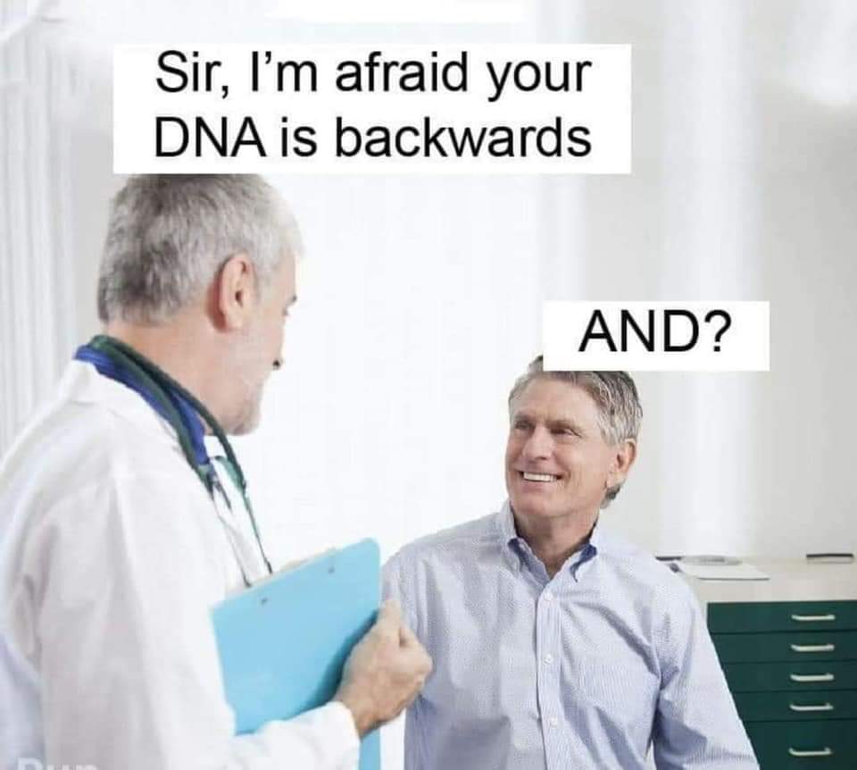 your dna is backwards - Sir, I'm afraid your Dna is backwards And? |