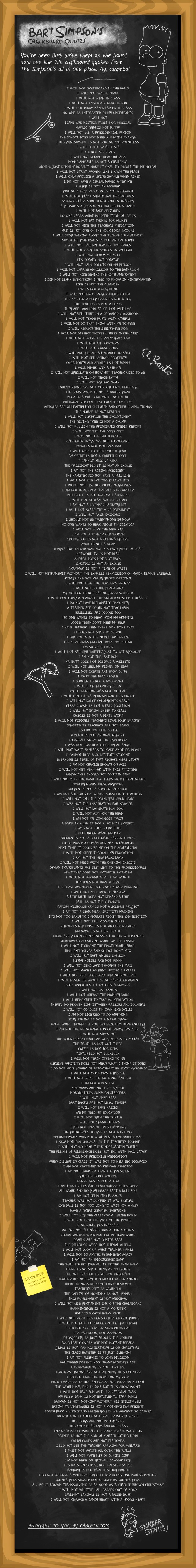 In honor of The Simpsons 500th episode, CableTV.com has compiled every chalkboard quote written by Bart. It's an epic homage.