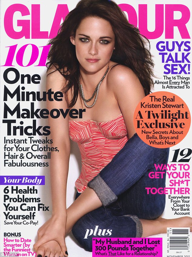 Arm fail: Kristen Stewart is not quite complete on Glamour's November cover -  apparently missing her lower left arm. It's coming to a sudden halt at about chest height and disappearing behind her very flexible lower leg.



