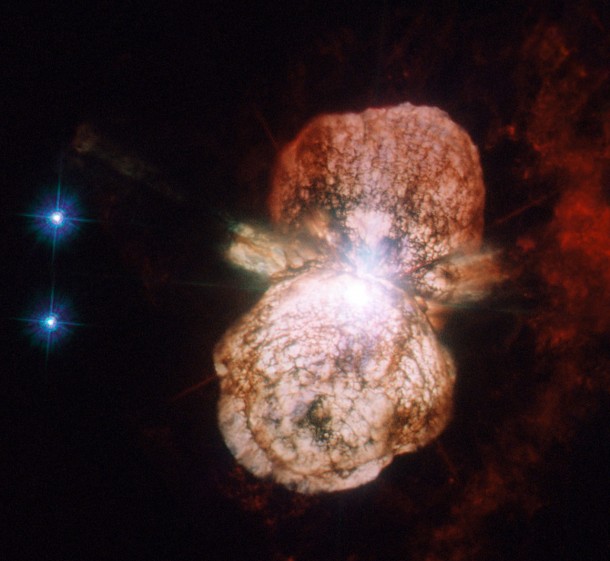 Gigantic lobes of gas and dust billowing from the supermassive star Eta Carinae at a speed of 1 million kmh