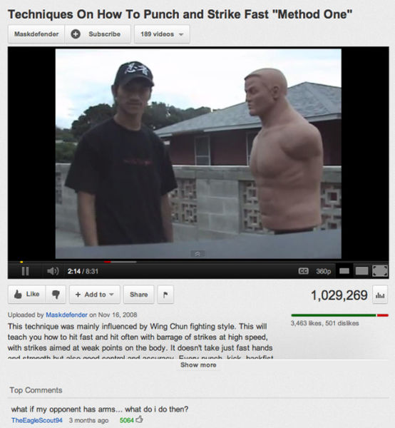 youtube comment funniest youtube comment - Techniques On How To Punch and Strike Fast "Method One" Maskdefender Subscribe 189 videos Ii 1 214 CC380p 1,029,269 Add to 3,463 kes, 501 dis Uploaded by Maskdefender on This technique was mainly influenced by Wi