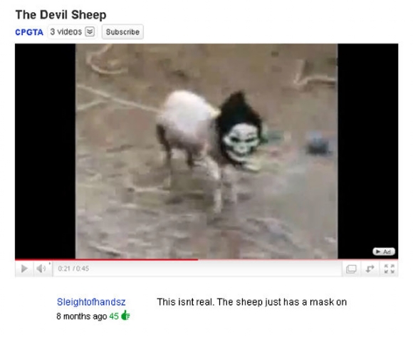 youtube comment funny deep youtube comments - The Devil Sheep Cpgta 3 videos Subscribe Ad 0.217045 T his isnt real. The sheep just has a mask on Sleightofhandsz 8 months ago 45
