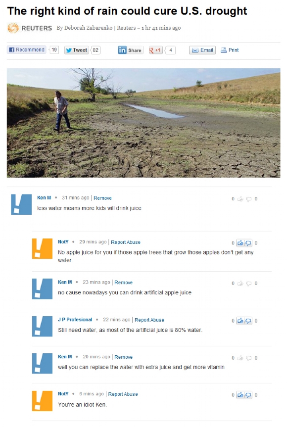 ken m best - The right kind of rain could cure U.S. drought Reuters By Deborah Zabarenko Reuters 1 hr 41 mins ago Recommend 19 y Tweet 62 in & 1 4 M Email Print 0 0 Ken M. 31 mins ago Remove less water means more kids will drink juice Noty. 29 mins ago Re