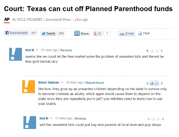 ken m - Court Texas can cut off Planned Parenthood funds Ap By Will Weissert | Associated Press 3 hrs ago Recommend 401 y Tweet 268 in 31 7 Email Print Ken M. 31 mins ago Remove seems we could let the free market solve the problem of unwanted kids and the