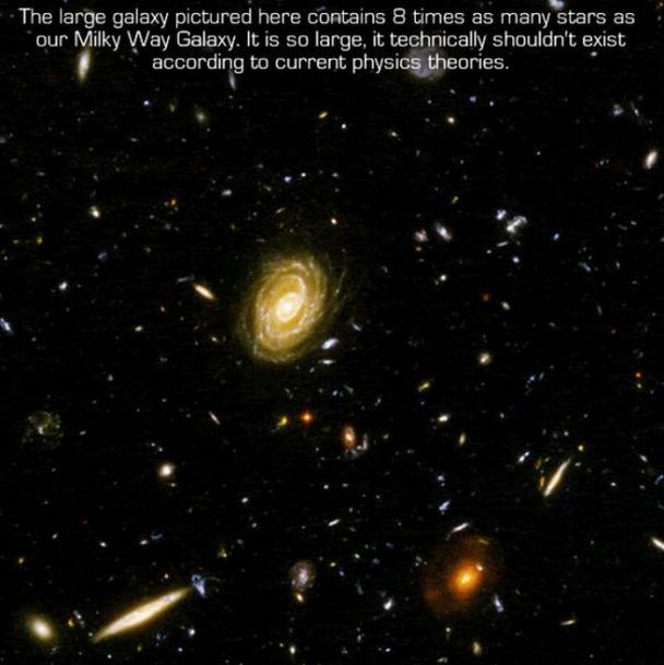 The large galaxy pictured here contains 8 times as many stars as our Milky Way Galaxy. It is so large, it technically shouldn't exist according to current physics theories.