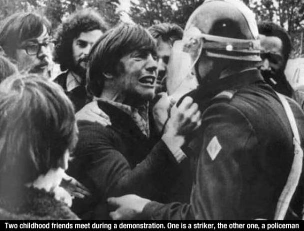 two childhood friends unexpectedly reunite on opposite sides of a demonstration in 1972 - Two childhood friends meet during a demonstration. One is a striker, the other one, a policeman