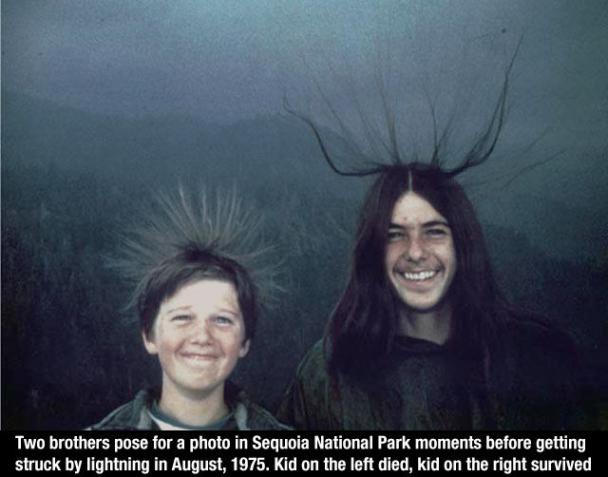 brothers struck by lightning - Two brothers pose for a photo in Sequoia National Park moments before getting struck by lightning in . Kid on the left died, kid on the right survived