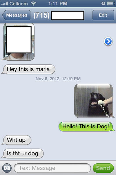 funny shut down texts - Od il Cellcom Messages 715 Edit Edit Hey this is maria , Hello! This is Dog! Wht up Is tht ur dog Text Message Send
