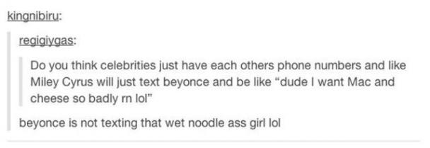 tumblr - document - kingnibiru regigiygas Do you think celebrities just have each others phone numbers and Miley Cyrus will just text beyonce and be "dude I want Mac and cheese so badly in lol" beyonce is not texting that wet noodle ass girl lol