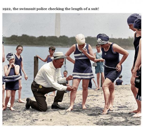 swimsuit police - 1922, the swimsuit police checking the length of a suit!