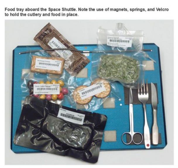 space food - Food tray aboard the Space Shuttle. Note the use of magnets, springs, and Velcro to hold the cutlery and food in place. The