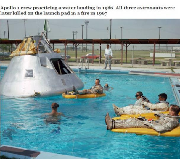 astronauts training in pool - Apollo 1 crew practicing a water landing in 1966. All three astronauts were later killed on the launch pad in a fire in 1967